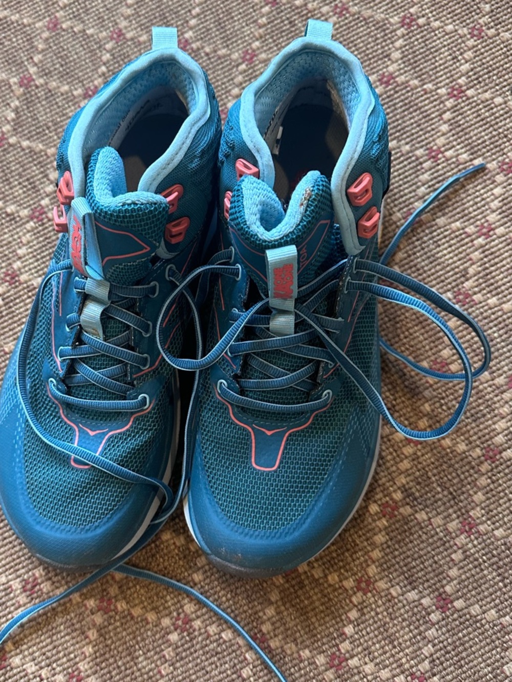Hoka One One Blue Athletic Trail Sneakers with Pink Accents